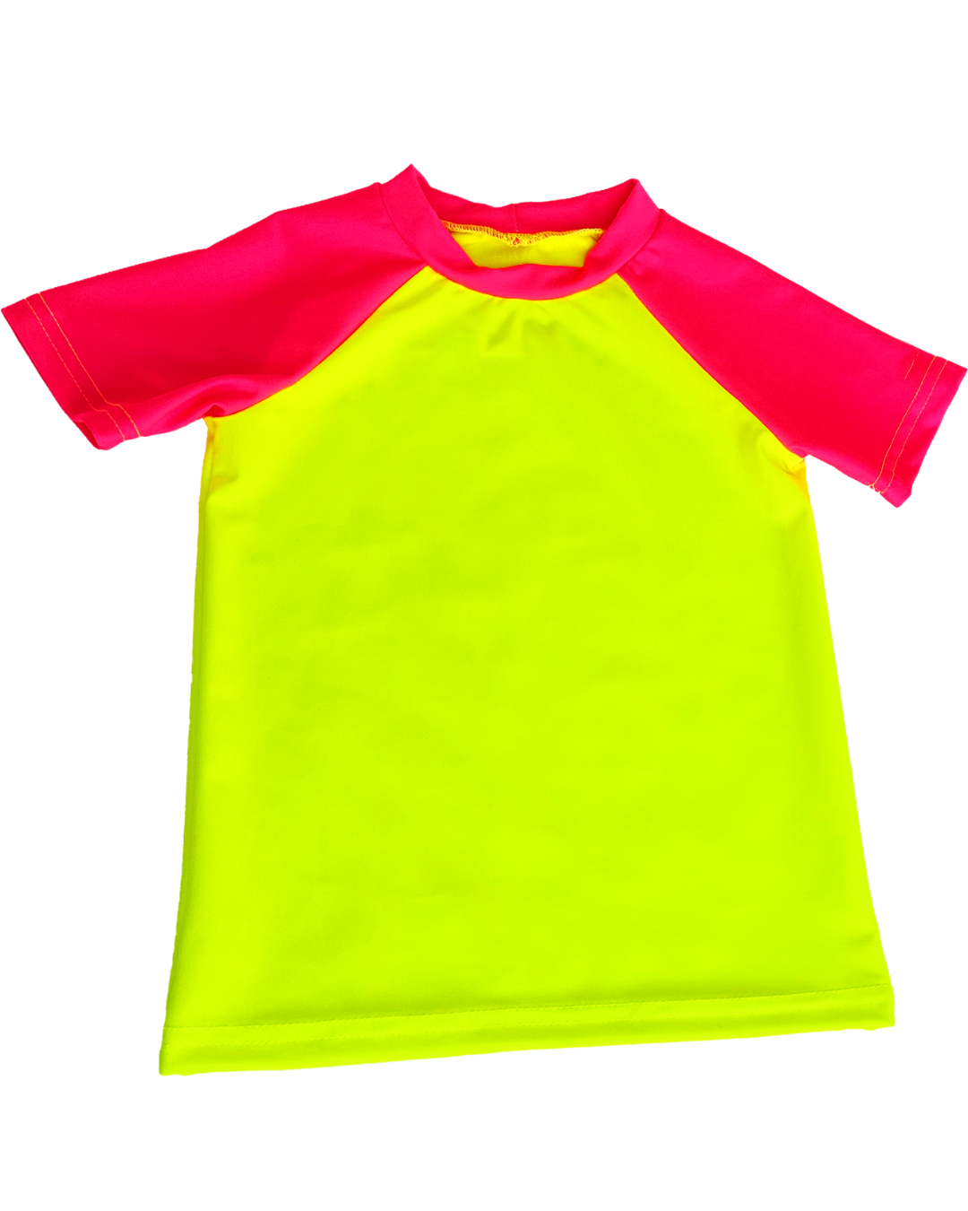 A bright neon yellow rash guard sun shirt with neon yellow body and neon pink sleeves designed with UPF 50+ maximum sun protection lays flat against the background.